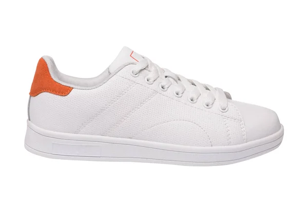 Tênis Branco Com Uma Inserção Laranja Sapatos Esportivos Fundo Branco — Fotografia de Stock
