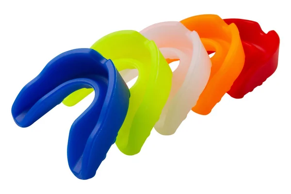 Cinco Protetores Boca Boxe Multicoloridos Para Proteger Dentes São Empilhados — Fotografia de Stock