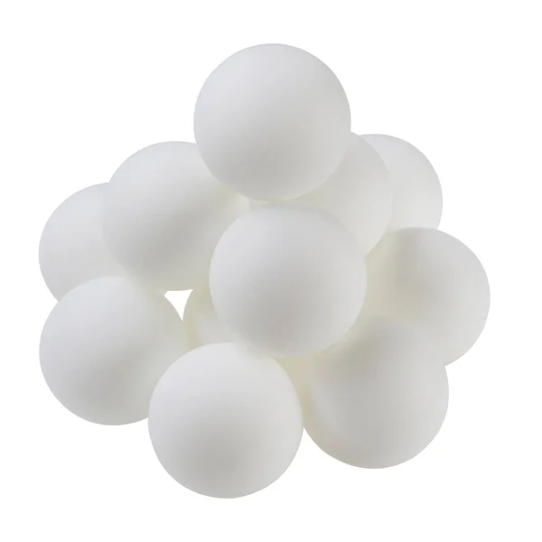 乒乓球用的一堆塑料白色球 在白色的背景上隔离 — 图库照片
