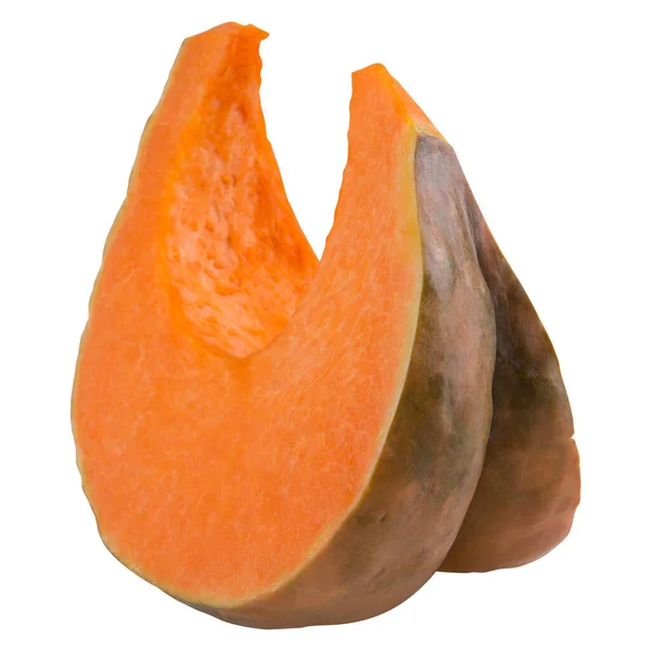 オレンジ色のカボチャの大きなスライス 白の背景に 選択的焦点 — ストック写真