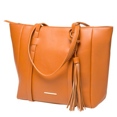 Beyaz arka planda, uzun saplı, büyük kızıl kadın çantası.