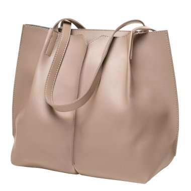 Açık kahverengi ya da bej renkli, saplı, beyaz arka planda, kadın çantasının...