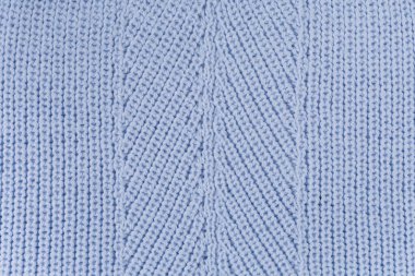 Mavi örülmüş yün kumaş dokusu, yakın plan, düz yatak.