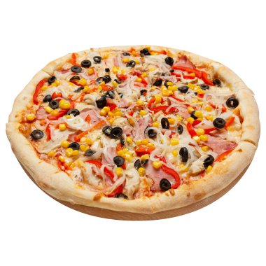 İtalyan pizzası, prosciutto, tatlı biber ve zeytin, yan görünüm, beyaz arka plan, soyutlama