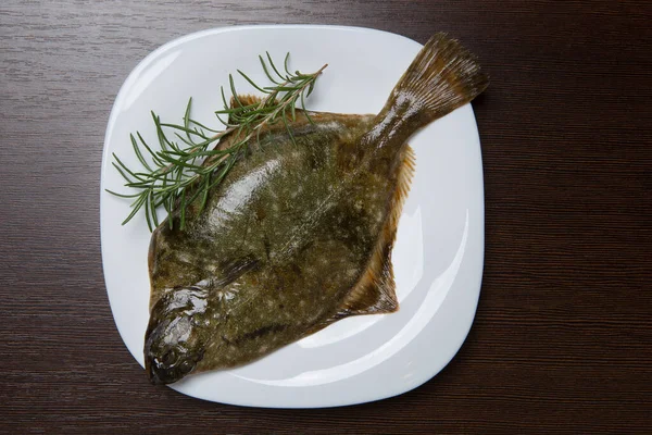 Fresh Flounder Sprigs Rosemary White Plate Table Flat Lay — Stock Photo, Image