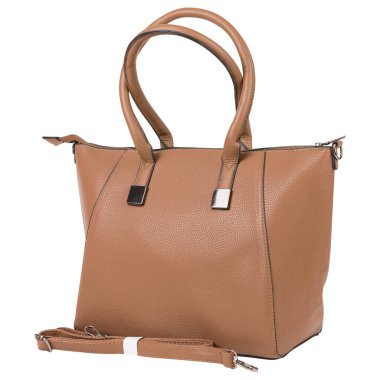 Minimalist bir tasarımı olan, beyaz arka planda iki tutacağı ve bir kayışı olan kadın kahverengi çantası.