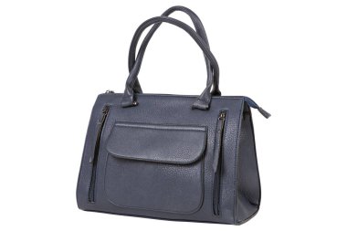 Geniş bir yama cebi ve beyaz arka planda iki fermuarlı kadın mavi çantası.