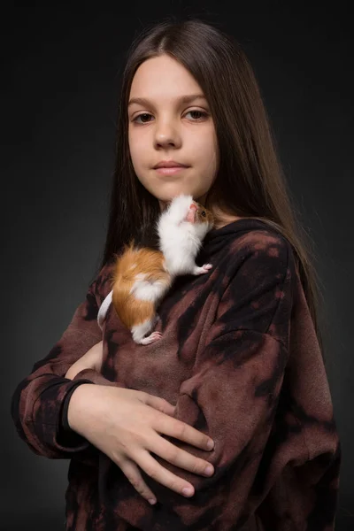 Portrait of a girl in a brown hoodie, with a guinea pig sitting on her chest, on a black background