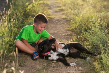 happy boy in nature, playing with a big black dog lying on the grass, in backlight