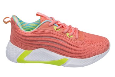 Women's orange sneakers made of mesh fabric, with a white sole, on a white background, isolate