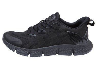 One black summer sneaker made of mesh fabric and leather, with a black sole, on a white background, isolate