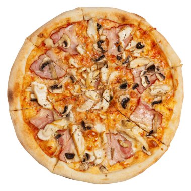 Italian pizza on a thick crust, with prosciutto and mushrooms, flat lay, on a white background, isolate