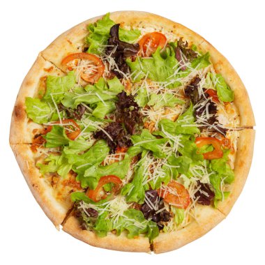 Large pizza Caesar, with lettuce, cheese and tomatoes, flat lay, on a white background, isolate