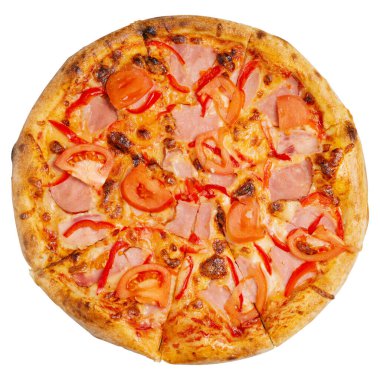Large Italian pizza, with ham, cheese and tomatoes, flat lay, on a white background, isolate