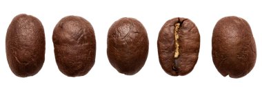 Five roasted brown coffee beans, of different shapes and sizes, are arranged in a row, on a white background, macro photography, isolate