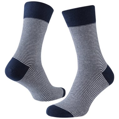 A pair of blue voluminous socks with white stripes, on a white background, isolate
