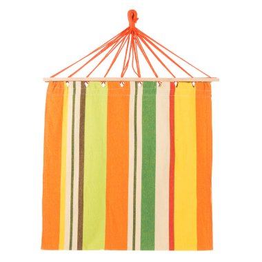 orange hammock striped, folded in half, hanging on a white background, isolate