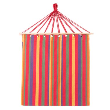 bright multi-colored hammock striped, folded in half, hanging on a white background