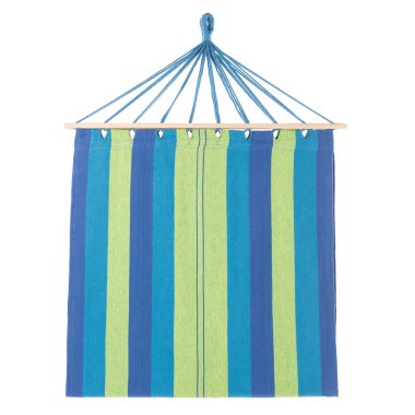 blue-green multi-colored hammock striped, folded in two, hanging on a white background, isolate
