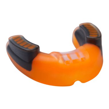 orange rubber teeth protection, for boxing or for karate, back side, on a white background, isolate