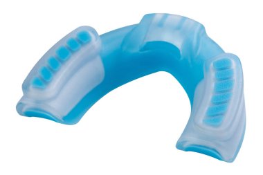 blue rubber protection of teeth and lips, for boxing or for karate, on a white background, isolate