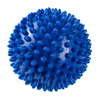 blue rubber massage ball with soft spikes, on a white background