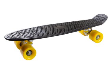 black skateboard for riding, plastic pennyboard, on a white background, isolate