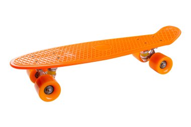 new orange plastic skateboard on a white background, isolate
