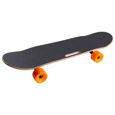 big gray skateboard with orange wheels, on a white background, isolate