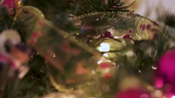 Nahaufnahme Eines Geschmückten Weihnachtsbaums Mit Roten Kugeln Und Goldener Schleife — Stockvideo