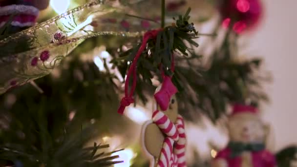 Μελόψωμο Άνθρωπος Και Στολίδι Άγιος Βασίλης Διακοσμημένο Χριστουγεννιάτικο Δέντρο — Αρχείο Βίντεο
