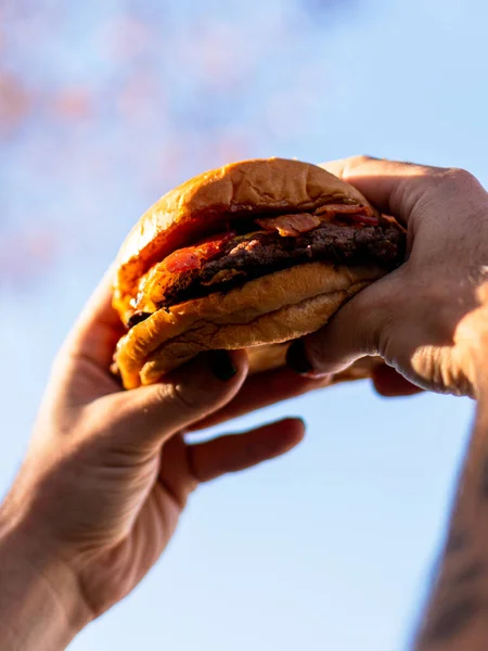 Mavi Gökyüzüne Pastırmalı Peynirli Burger Tutan Kişi — Stok fotoğraf