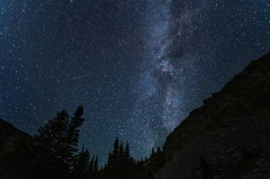 Güzel yıldızlı gökyüzüne ve Samanyolu 'na sahip gece manzaraları Kanada Kayalıkları' ndaki bir dağ gölünün arka planına karşı.