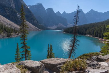 Kanada Kayalıkları 'ndaki Moraine gölünün güzel manzarası