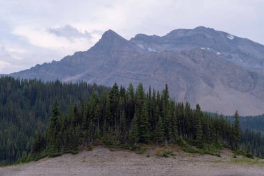 Kanada Rocky Dağları 'nda yüksek dağ göllerinin arka planında sis olan dramatik manzaralar.