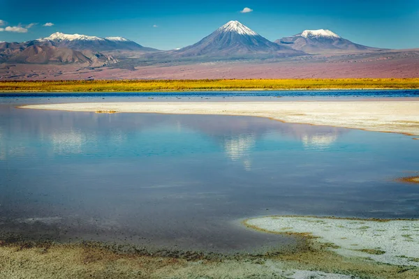 stock image Licancabur volcanic landscape and salt lake reflection at sunset in Atacama Desert, Chile, South America