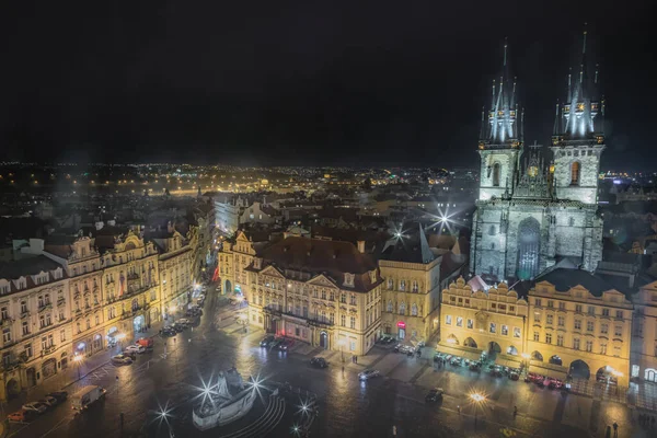 Nad Pragą Oświetlony Rynek Starego Miasta Tyn Katedra Nocy Czech — Zdjęcie stockowe