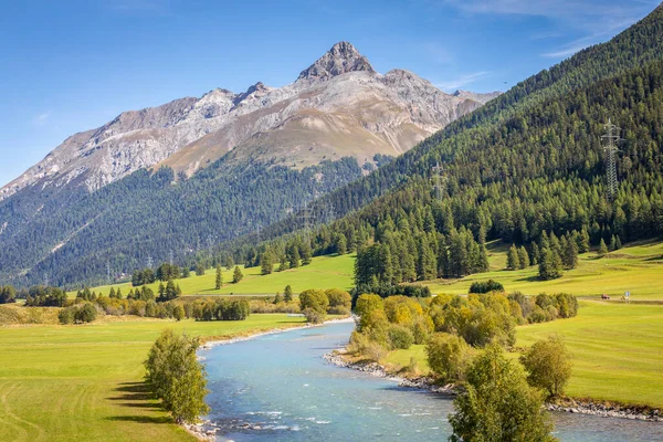 Alpská Řeka Engadine Valley Při Východu Slunce Graubundské Alpy Grisony — Stock fotografie