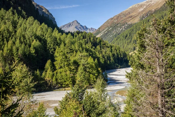 Rivière Alpine Dans Vallée Engadine Lever Soleil Alpes Graubunden Grisons — Photo