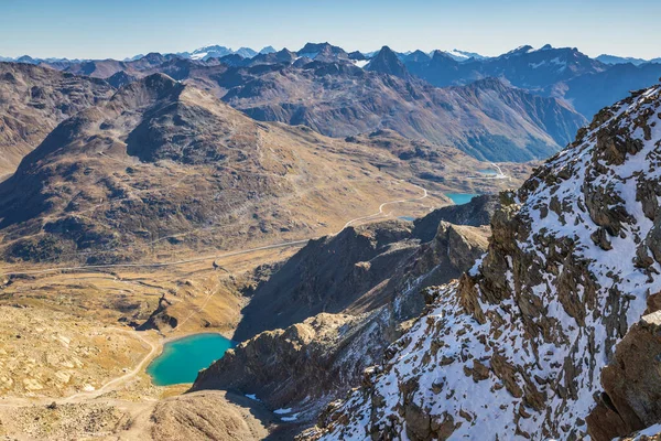 Bernina and Palu mountain range with lake in the Swiss Alps, Engadine, Switzerland