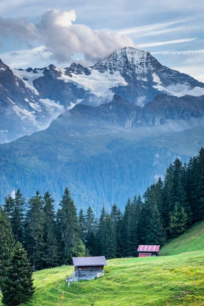 Pohled Zasněžené Bernské Švýcarské Alpy Alpské Farmy Švýcarsko — Stock fotografie
