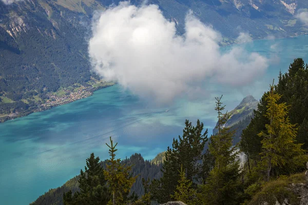 Vista Aérea Dos Alpes Suíços Lago Brienz Com Balsa Pôr — Fotografia de Stock