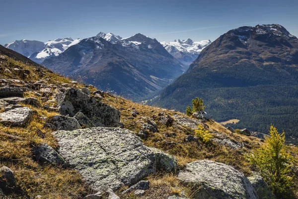 stock image Panoramic view of Dramatic landscape, swiss alps in upper Engadine, Graubunden, Switzerland