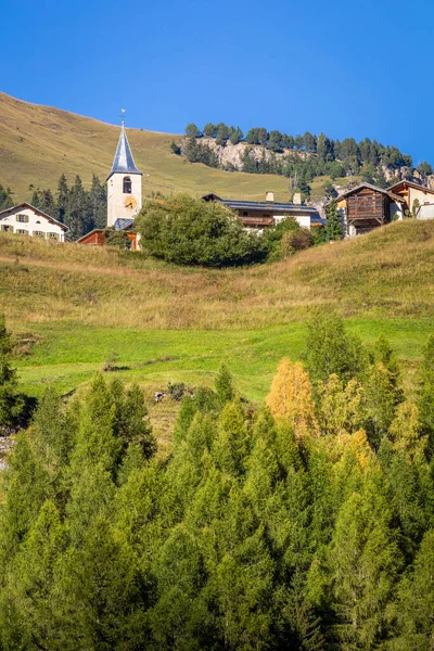 스위스의 스위스 알프스산맥 엥가딘 계곡에 프레다 마을의 목가적 — 스톡 사진