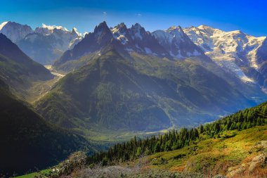 Mont Blanc Massif Alp Dağları güneşli bir günde kırsal alan Chamonix, Fransız Alpleri