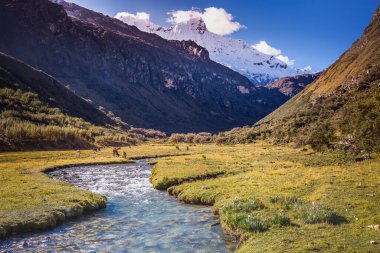 River ve Huascaran Dağı, Cordillera Blanca 'da karla kaplı And Dağları, Ancash, Peru, Güney Amerika