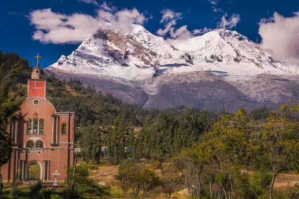Huascaran Mountain and Yungay lost city in Cordillera Blanca, snowcapped Andes, Ancash, Peru, South America