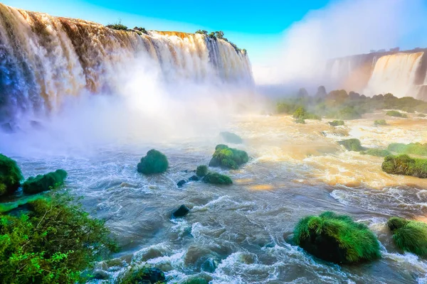 Güneşli bir günde, Iguacu 'nun üzerinde gökkuşağı ile Brezilya ve Arjantin yağmur ormanları sınırı