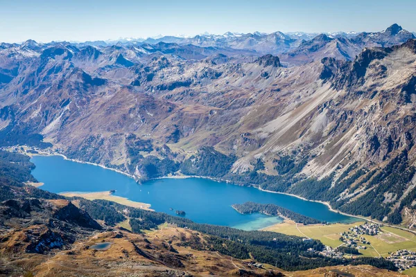 stock image Above Silvaplana lake , Sils and Maloja from Piz Corvatsch, Upper Engadine, Graubunden, Switzerland