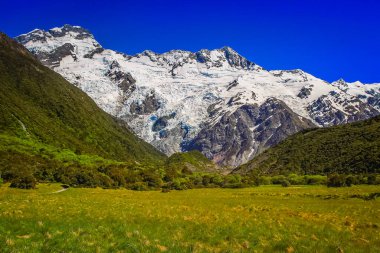Hooker Valley meadows and Mt Cook massif, South Island of New Zealand at sunny day